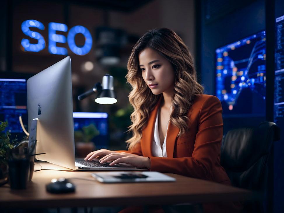 SEO professional analyzing data on computer in office